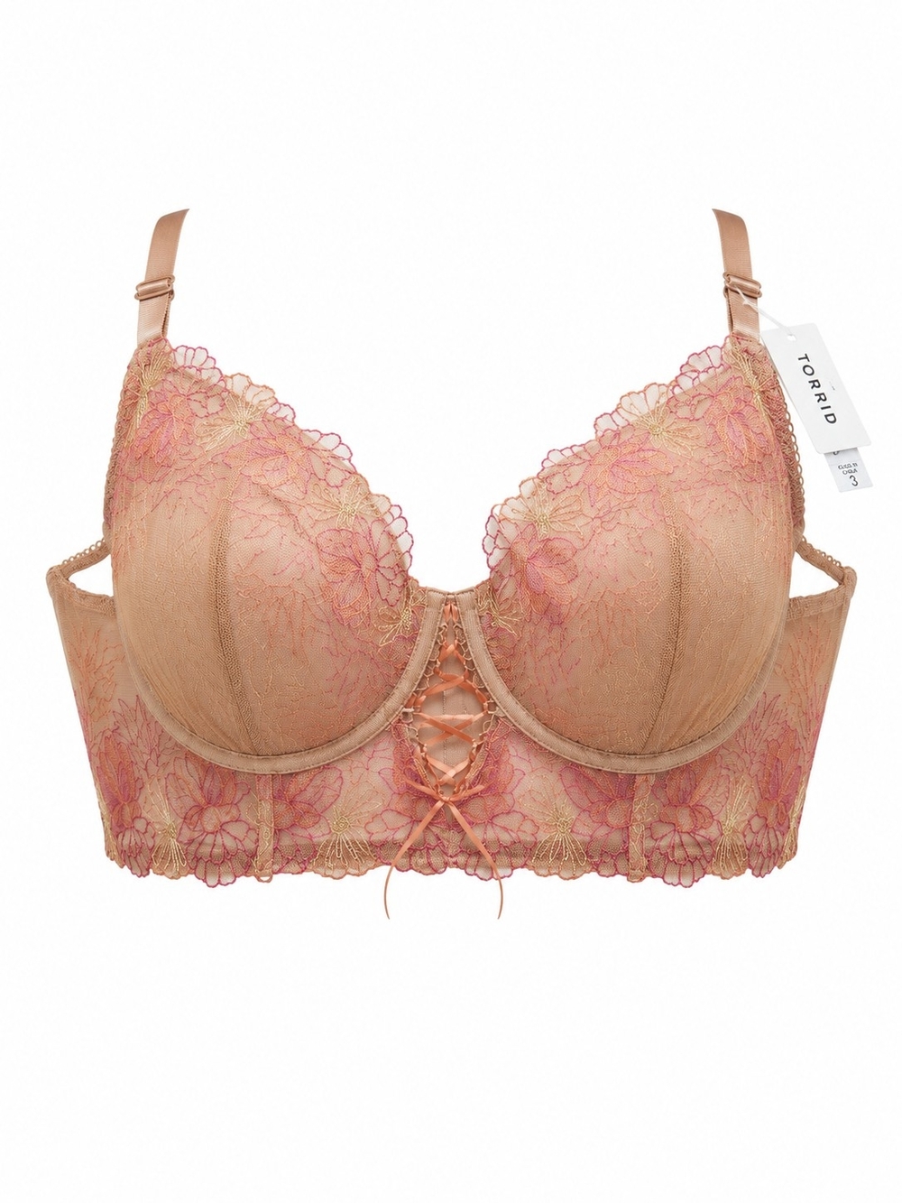 Torrid NWT Size 3 Embroidered Mesh Longline Underwire Lace-Up Bra Pink Nude Flor